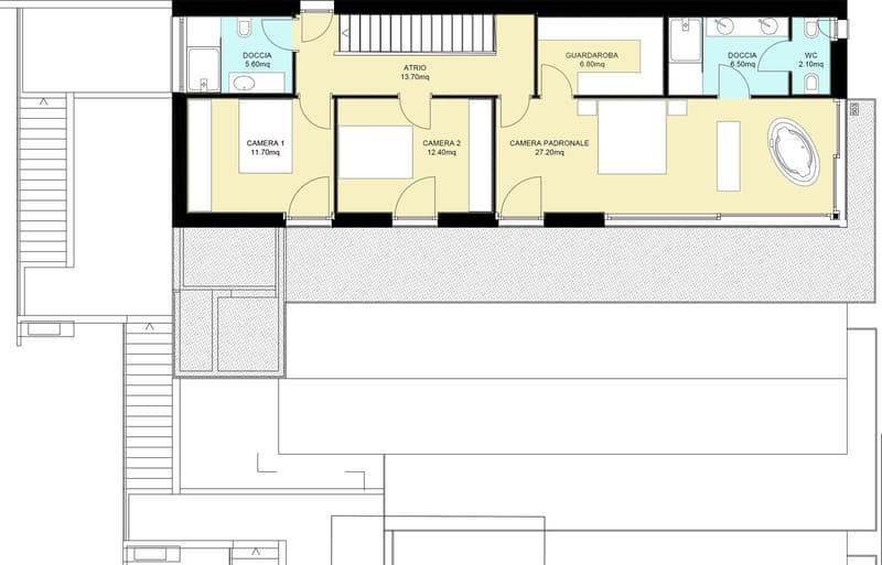 The floor plan shows an atrium, 3 bedrooms (Camera 1, Camera 2, Camera padronale), a dressing room, and 2 bathrooms.