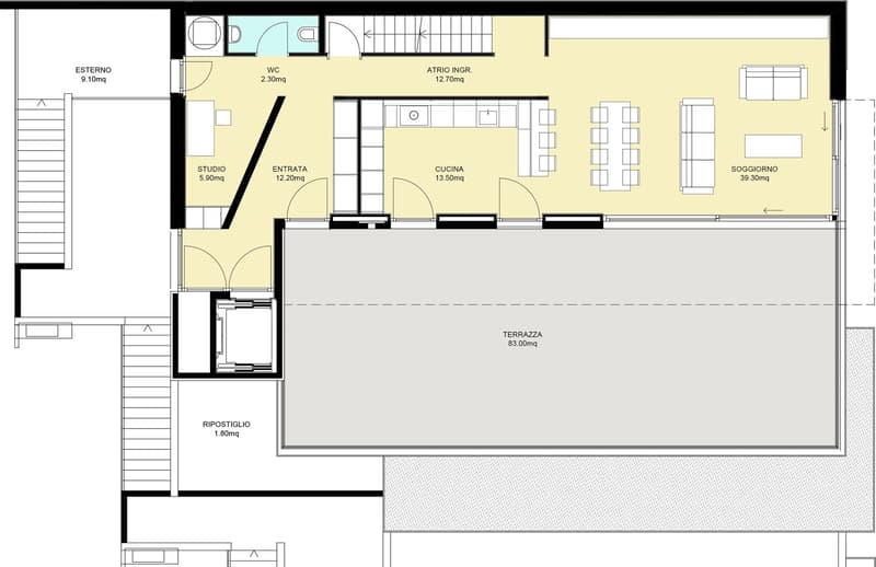 The floor plan shows a studio apartment with an entrance, a kitchen, a living/dining room, a bathroom, and a terrace.