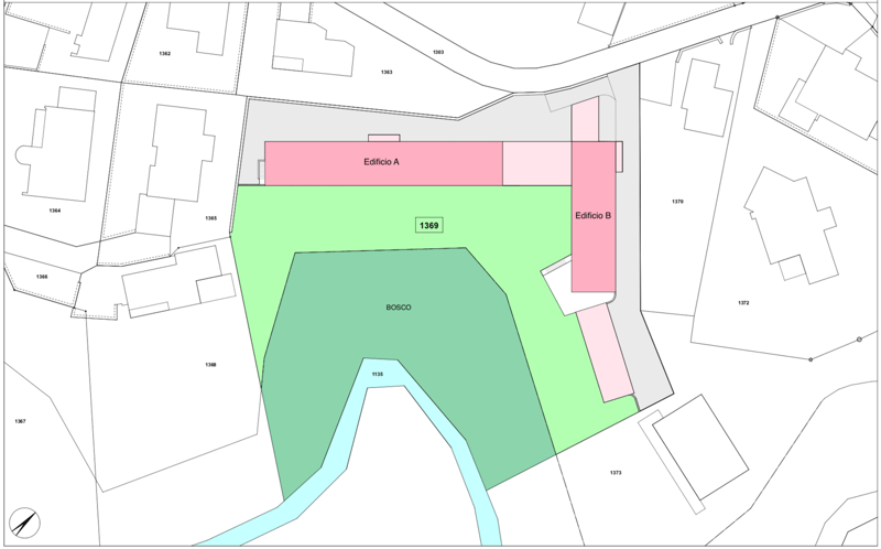 The image shows a floor plan with two buildings labeled 'Edificio A' and 'Edificio B', a green area labeled 'BOSCO', and a blue area representing a body of water or river.