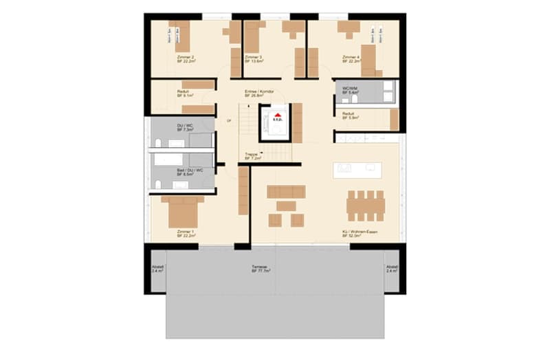 Living room, bathroom, terrace, 2 bedrooms, balcony, WC, storage room, kitchen, hallway, entrance, laundry room