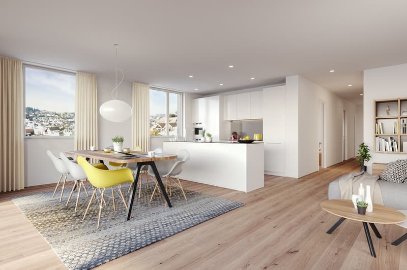 modern dining area with wooden table, white chairs, rug, large windows, white kitchen island, sofa with pillows, coffee table