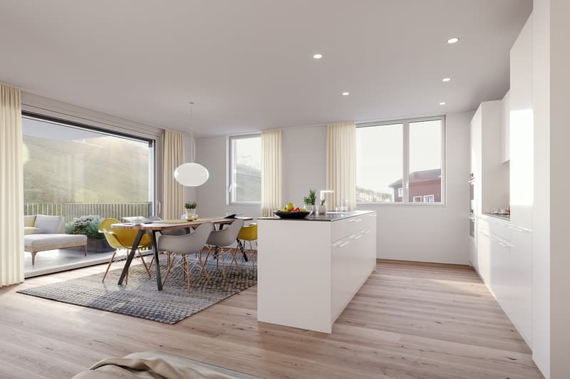 open plan kitchen and dining area, large windows, balcony, wooden floor, modern furniture