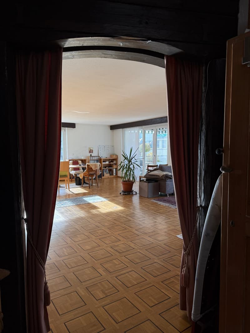 large hallway, hardwood floors, living room furniture, large window with curtains, potted plant, dining table and chairs