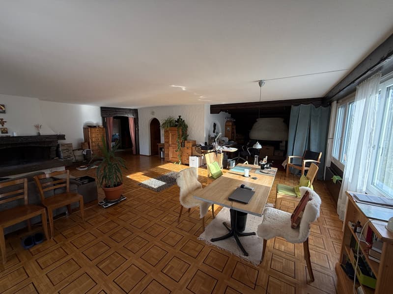 Living room: fireplace, wooden floor, wooden furniture, decorative items, desk, laptop, potted plant
