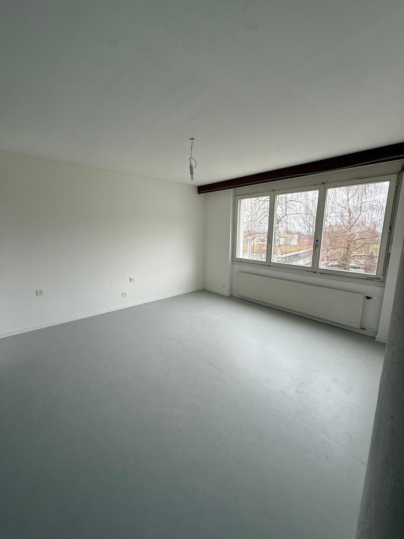 Empty room with white walls, gray floor, large window, radiator, power outlets