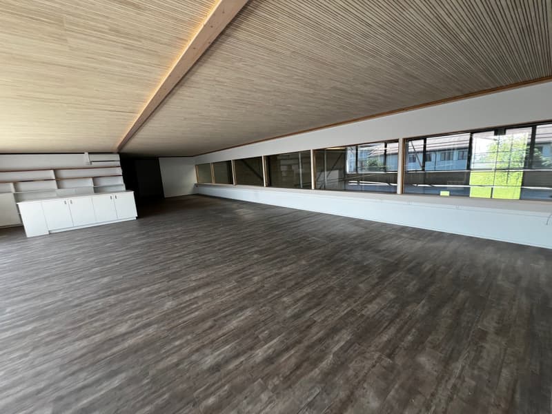 large room, wooden floor, white walls, large windows, wooden ceiling, cabinets