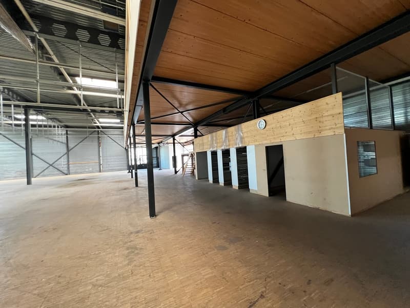 large open space, metal beams, wooden ceiling, concrete floor, small office area