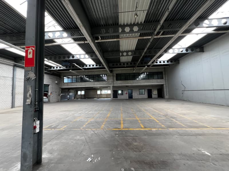 Empty warehouse with high ceilings, metal beams, concrete floor, yellow parking lines, fire extinguisher sign, windows, doors