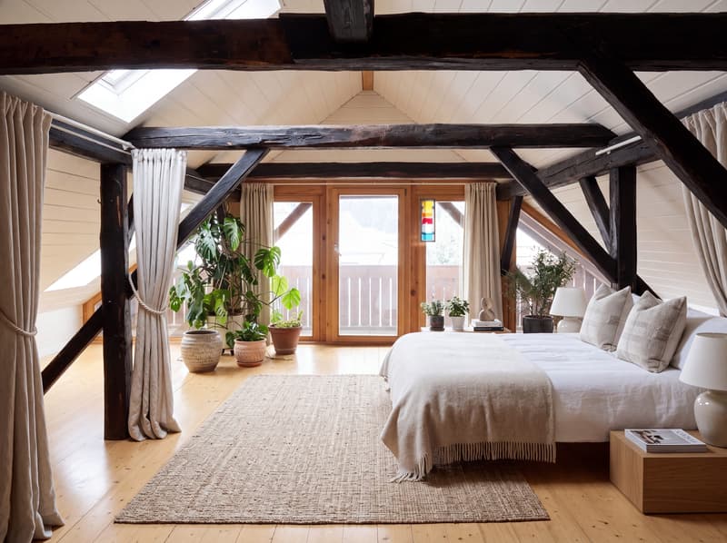 Grosszügiges Schlafzimmer im Dachstock mit viel Charme, natürlichem Licht und gemütlicher, ruhiger Atmosphäre