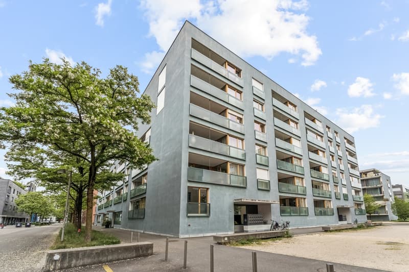 Zeitgemässe Aussenansicht des Wohnblocks - klar strukturiert, modern gestaltet und harmonisch ins Umfeld eingebettet
