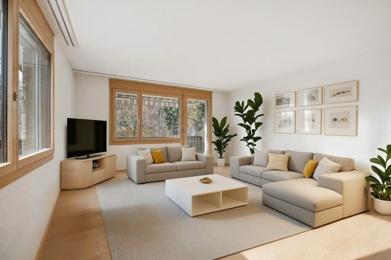 das grosszügige Wohnzimmer mit direktem Zugang zum Balkon, der eine harmonische Verbindung ins Freie schafft - virtuelles stating