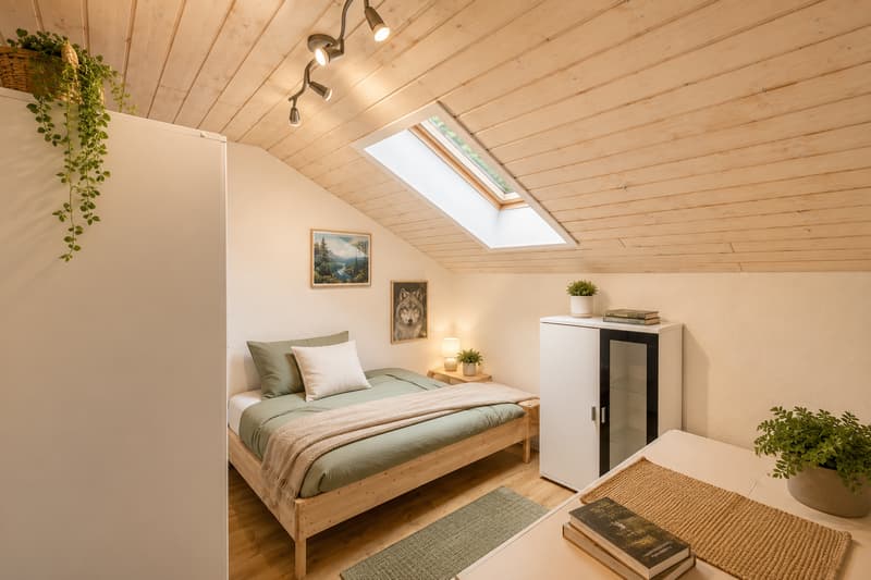 Behagliches Schlafzimmer mit Dachschräge (Virtuell möbliert)