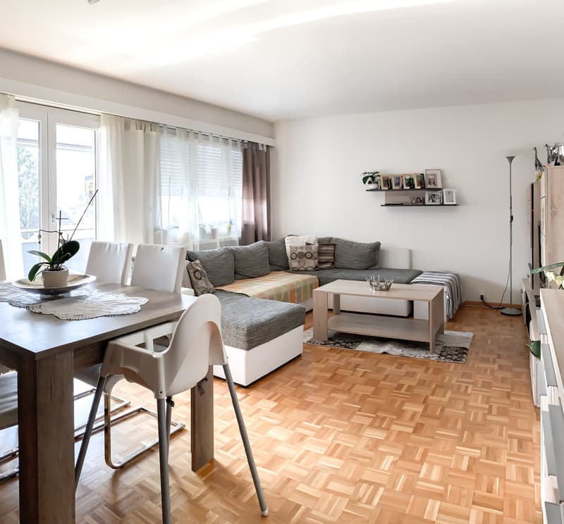 Dining area with a wooden table, white chairs, a couch, a coffee table, a rug, and a plant on the table