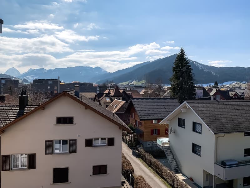 Aerial view of a neighborhood with houses, mountains in the background, and a clear blue sky.