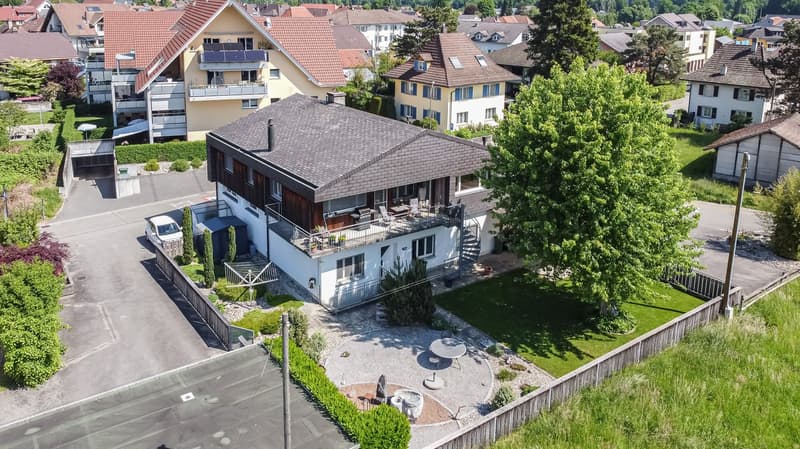 Detached house, two story, brown roof, white walls, car parked, backyard, terrace, garden, other houses in the background