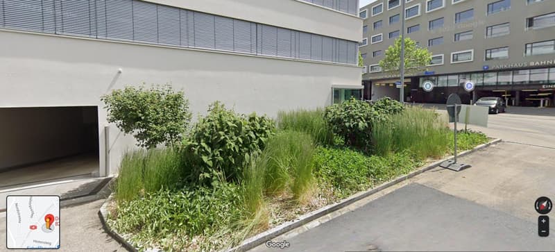 Entrance to a garage, vegetation, sign, sidewalk