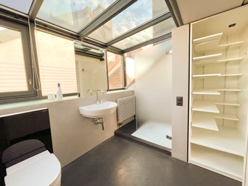 Bathroom with white sink, white toilet, open shower, glass skylight