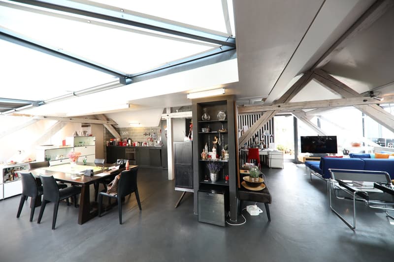 modern apartment, large open space, table and chairs, modern black and grey furniture, skylights, dark walls