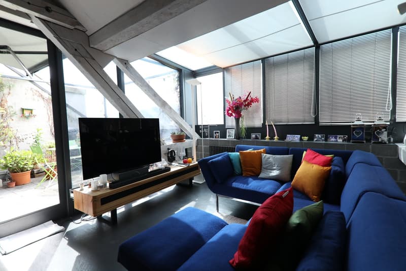 modern blue sofas, wooden media stand, large flat screen tv, panoramic window, large windows with blinds, interior plants