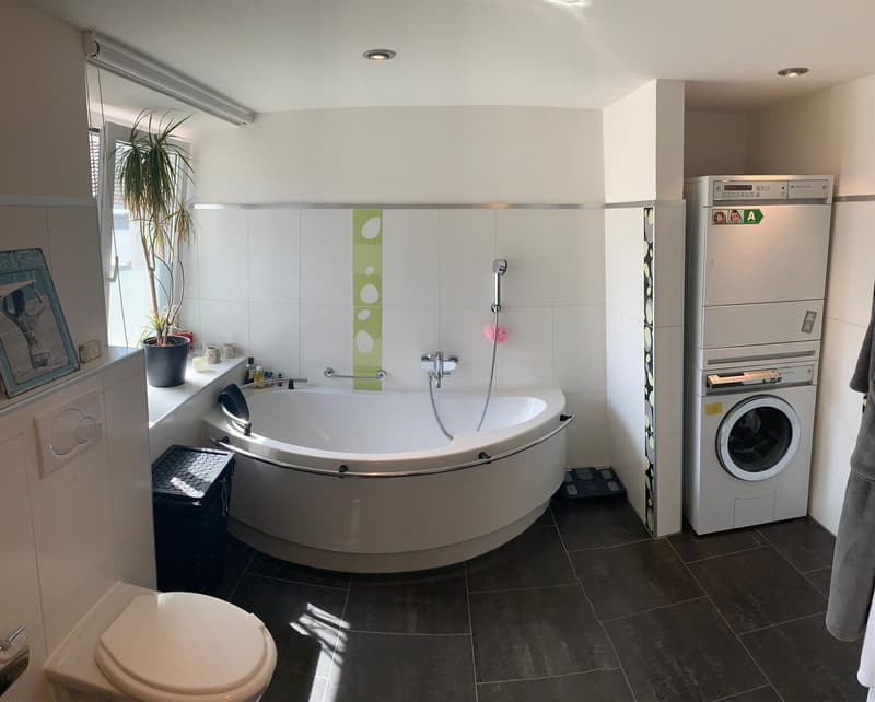 white bathtub, white toilet, washing machine, dryer, tiled floor, white walls, window with potted plant