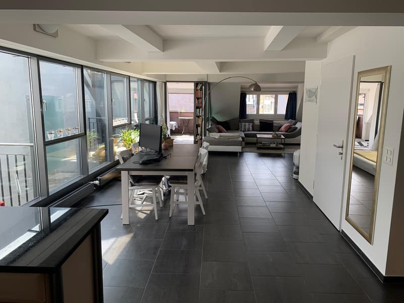 modern apartment, large windows, dining table, couch, floor lamp, bookshelves, balcony