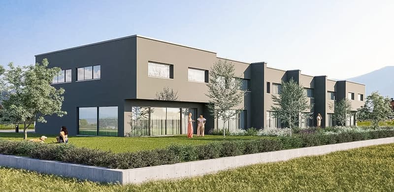 Modern apartment building with glass windows and gray walls. People and a dog in the foreground. Grass lawn and trees surrounding the building.
