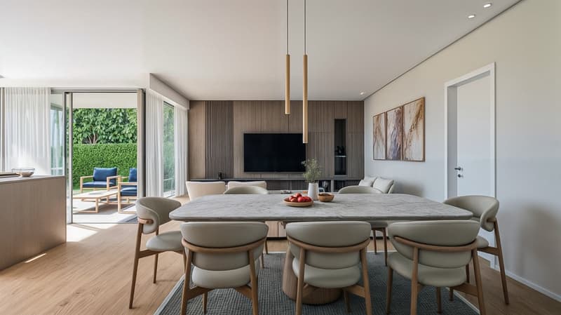 Dining room with large table, chairs, TV, wooden floor, sliding glass door, balcony, plants, artwork