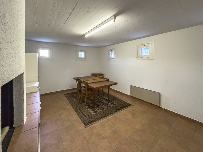 empty room, fireplace, dining table, chairs, rug, small windows, white walls, wooden ceiling