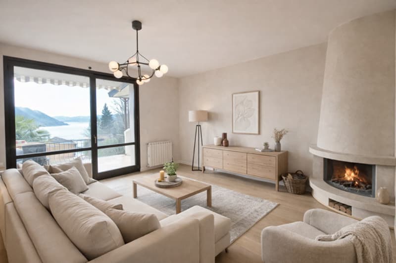 modern living room, fireplace, large windows, wooden floor, couch, coffee table, lamp, cabinet, view of the lake