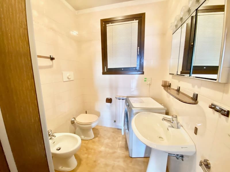 Bathroom with toilet, bidet, washing machine, sink, and mirror.