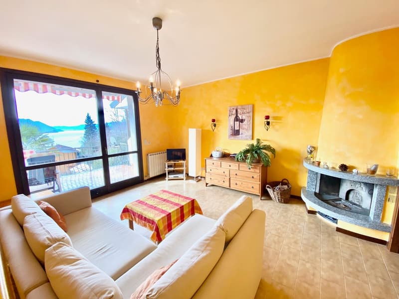 yellow walls, chandelier, sofa, table with plaid tablecloth, television, wooden cabinet, potted plant, fireplace