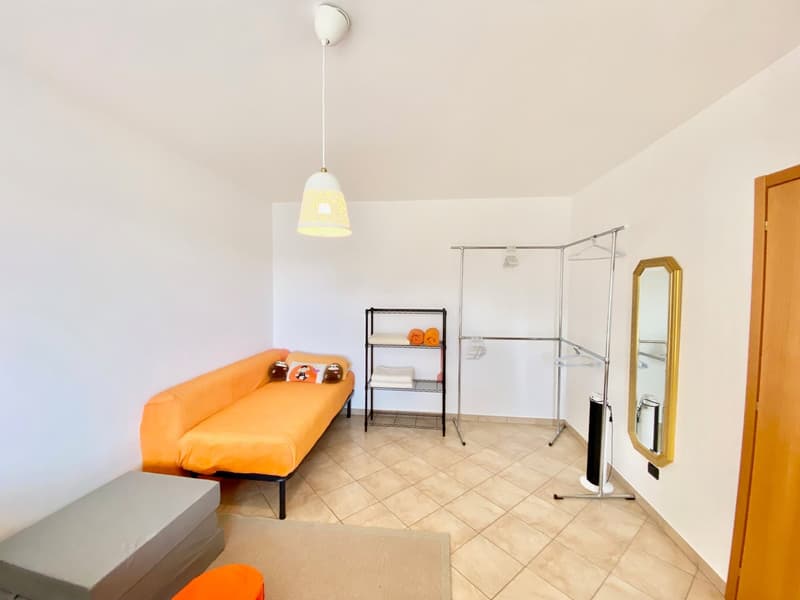 Couch, orange pillows, hanging light, hanging clothes rack, mirror, metal clothing rack, fan, grey ottoman