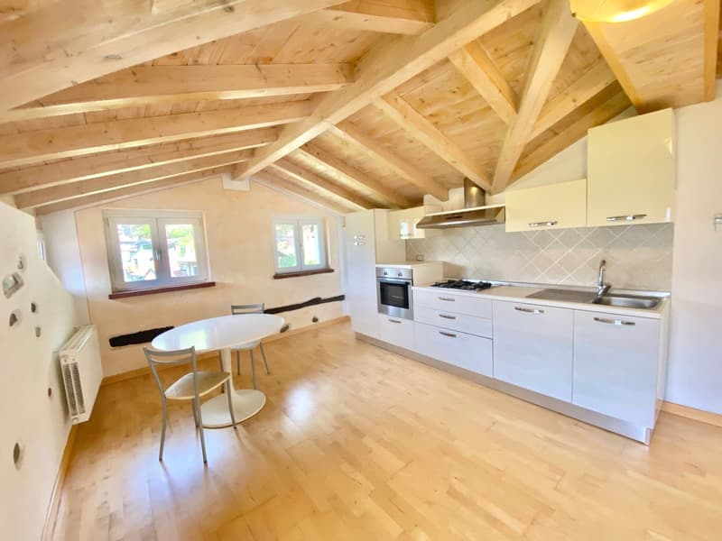 Spacious open-plan kitchen with white cabinets, stainless steel appliances, and a dining table. The room has a vaulted wooden ceiling with exposed beams, providing a rustic and cozy atmosphere.