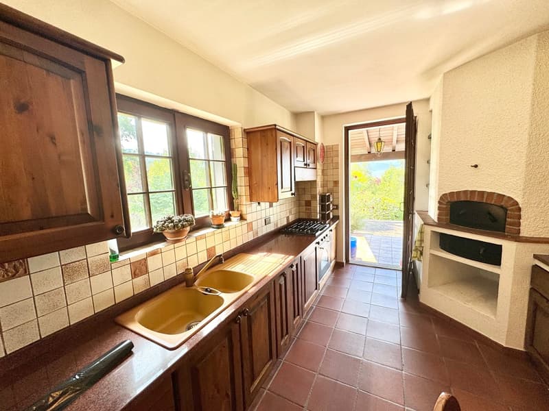 Wooden cabinets, double sink, tiled wall, double oven, gas stove, potted plants on the window, brick oven
