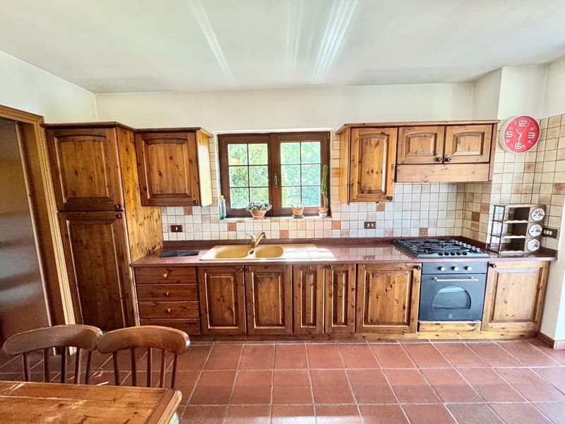Wooden cabinets, tiled countertop, sink, oven, gas stove, clock, window, plants