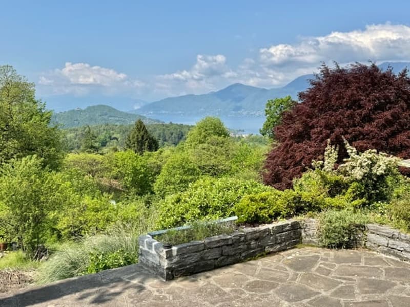 Stone pathways, various plants, flowerbeds, lake view, mountains in the background