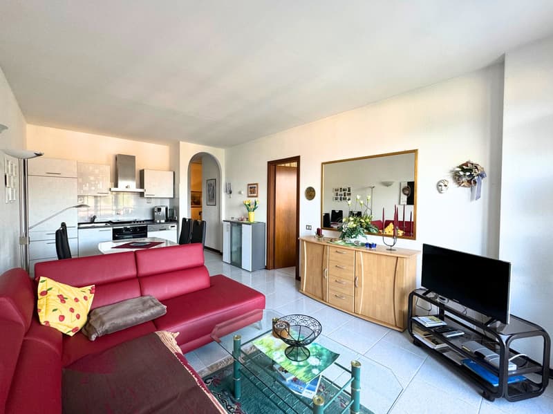 modern furniture, glass table, red couch, TV, wooden cabinet, tiled floor, white walls, kitchen area