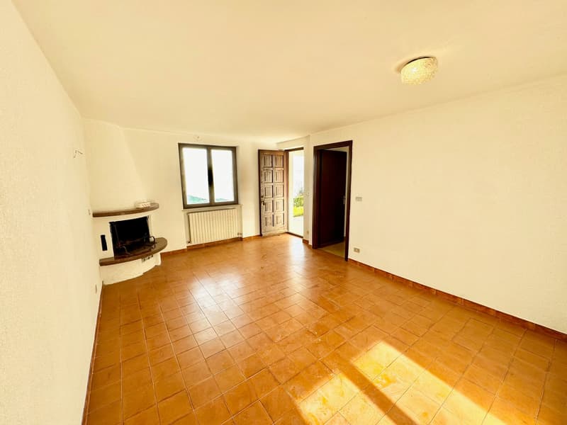 white walls, brown tile floor, fireplace with shelf, window with white frame, radiators, 2 doors