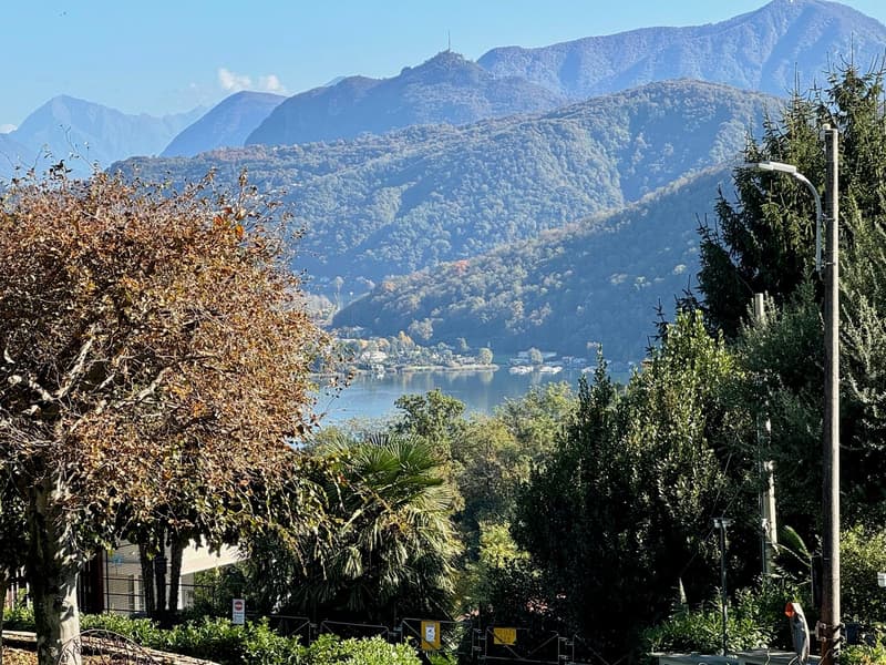 The image shows a scenic view of a mountainous landscape with a lake in the foreground. The mountains are covered in lush greenery, with some trees and vegetation visible in the foreground. The lake appears calm and serene, reflecting the surrounding land