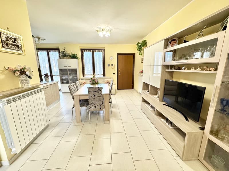 Dining room with a dining table, chairs, radiator, TV, kitchen cabinet, shelves with items and plants, picture frame on the wall, doors, and windows.