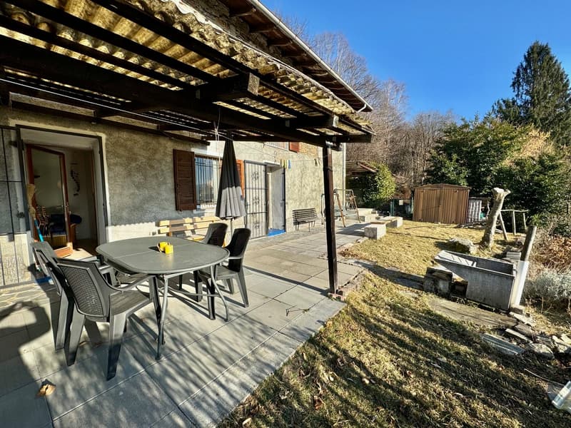 Outdoor dining area with wooden table and chairs, wooden pergola, paved patio, wooden benches, concrete planter, wooden gate, garden with plants and trees.