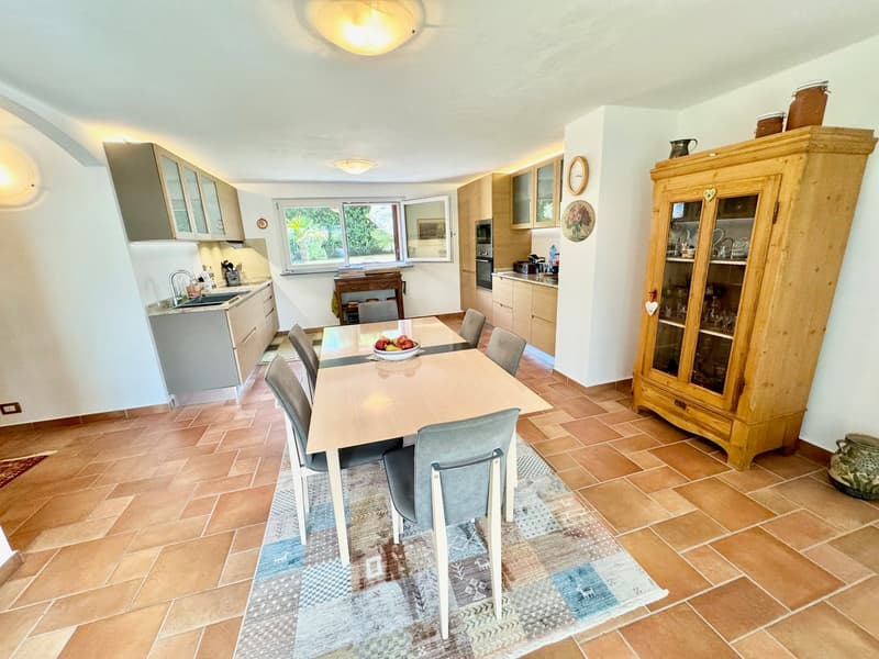 Spacious kitchen with modern appliances, including a dishwasher, and a dining area with a wooden table and chairs. The room has a rustic feel with the wooden cabinet and shelving unit.