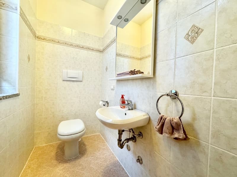 modern bathroom with tiled walls, white sink with faucet, toilet, towel rack with towel, mirror with shelf