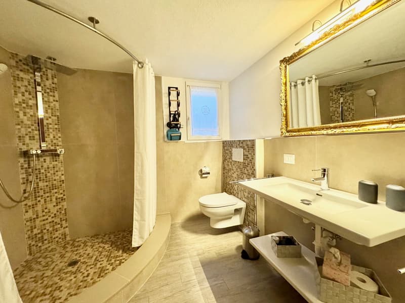 Spacious bathroom with mosaic tile walls, large vanity with double sinks, toilet, and a walk-in shower with glass enclosure.