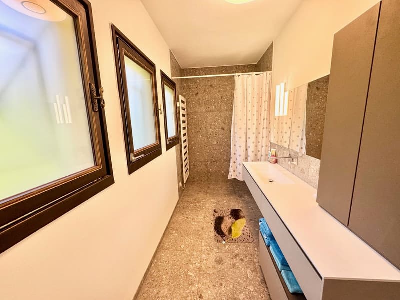 Bathroom with shower area, sink, and a floor-mounted radiator. The shower area has a shower curtain, and the walls are tiled with granite-like flooring. There is a white cabinet under the sink, and towels are kept in the open cabinet under the sink.