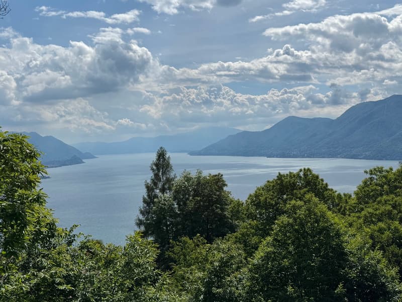 overlooking a large lake with mountains in the background