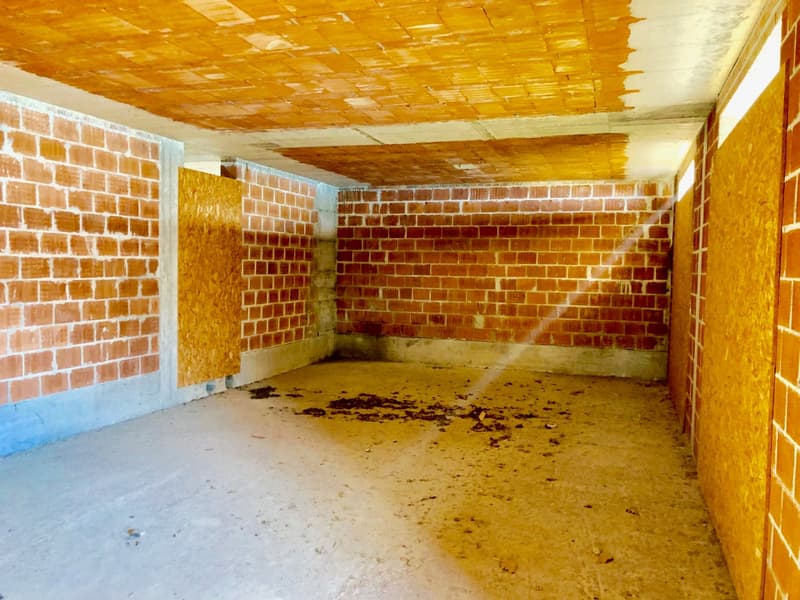 Basement room with brick walls and floor, unfinished with no furnishings, scattered debris