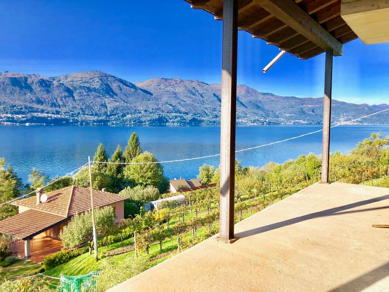 Villa with terrace overlooking the lake and mountains, tiled roof, covered patio, vineyard, lush greenery, distant mountain range, small house