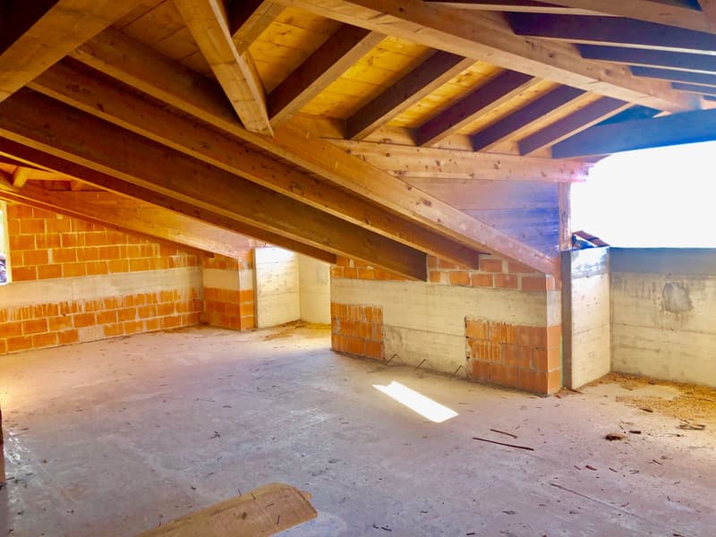 unfinished room, wooden beams, brick walls, open space, sunlight coming through