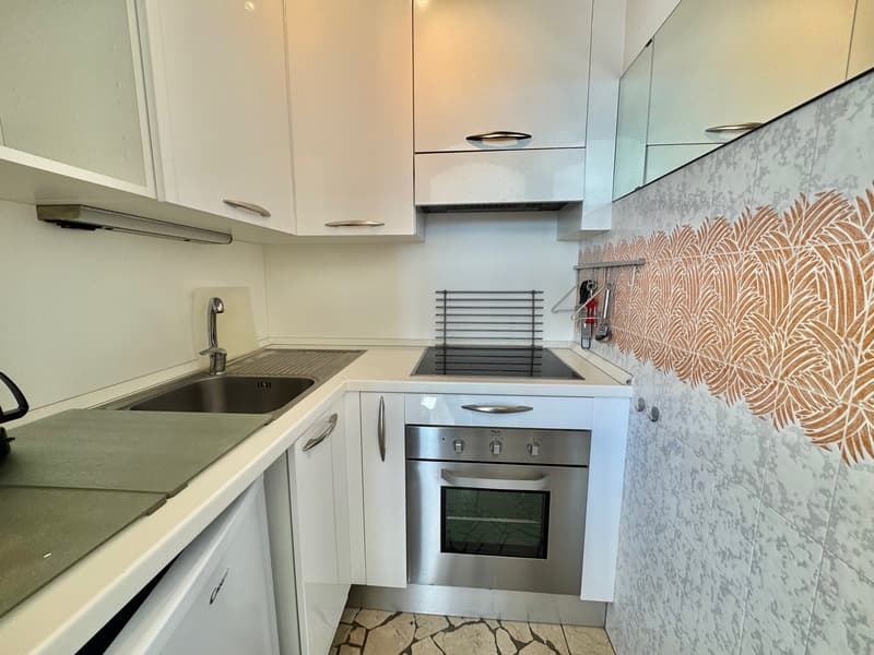 modern compact kitchen, stainless steel appliances, white cabinetry, tiled backsplash, gas stove, sink, dishwasher